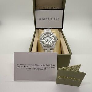 Judith Ripka Silver and Ceramic Watch with Diamonique Accents and Hearts